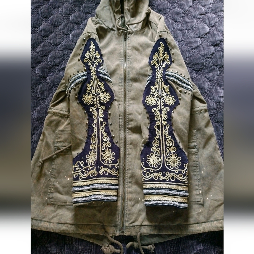Free People Quills Olive Embroidered Hooded Jacket